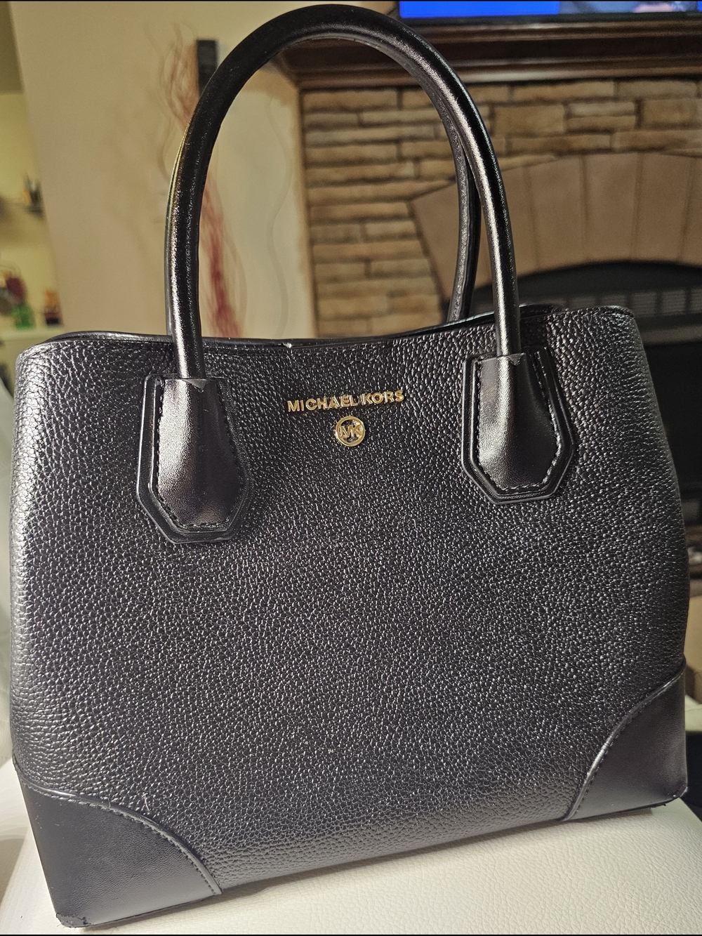 Michael Kors Black Pebbled Leather Tote Satchel  Call-out "Worn Corners